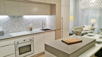 Kitchen in the Tour des Canadiens one bedroom condo with the Downtown Realty Team